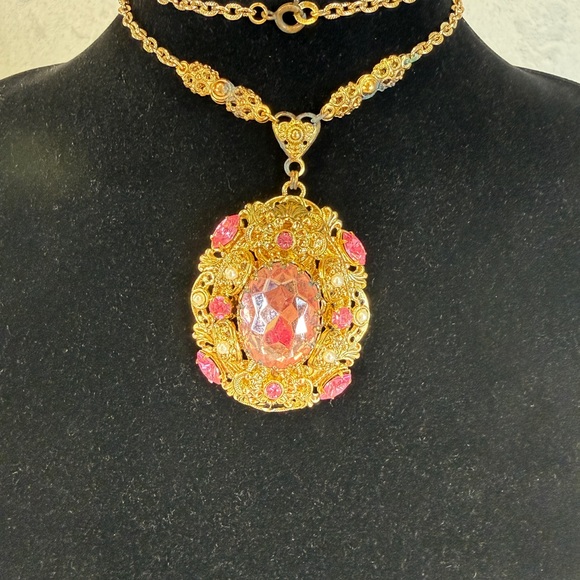 1950s West Germany Pink Rhinestone Necklace- Brass Filigree Necklace Faux Pearls